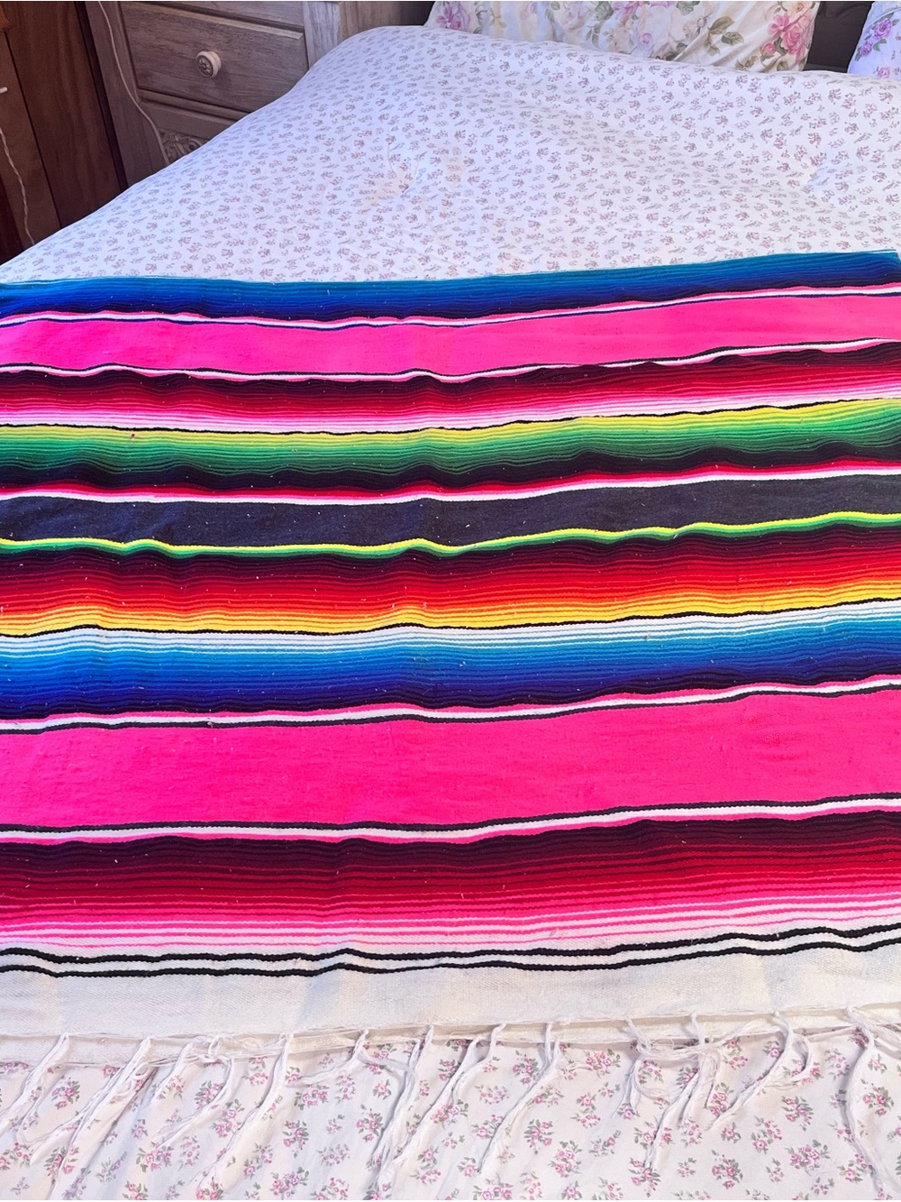 Vibrant Mexican Serape Blanket - Hot Pink & Multicolor Stripes